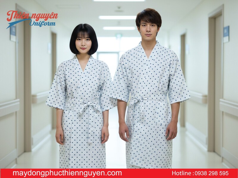 mẫu áo choàng bệnh nhân nam nữ hoạ tiết chấm bi